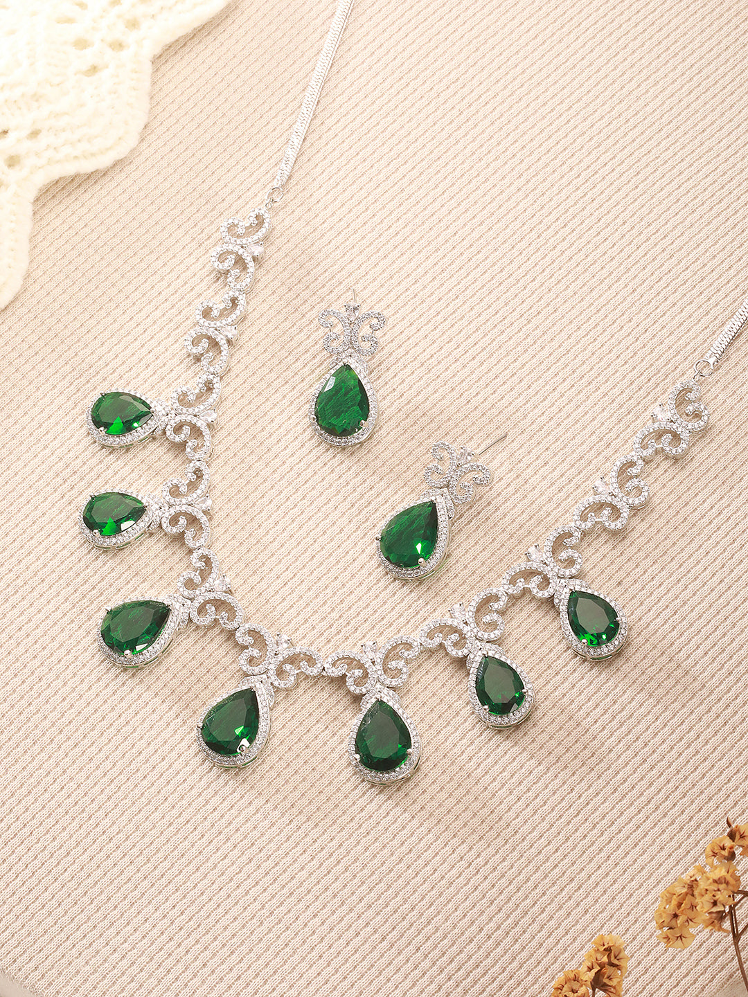 Silver Plated Emerald Green  AD Studded Floral Statement Necklace Jewellery Set